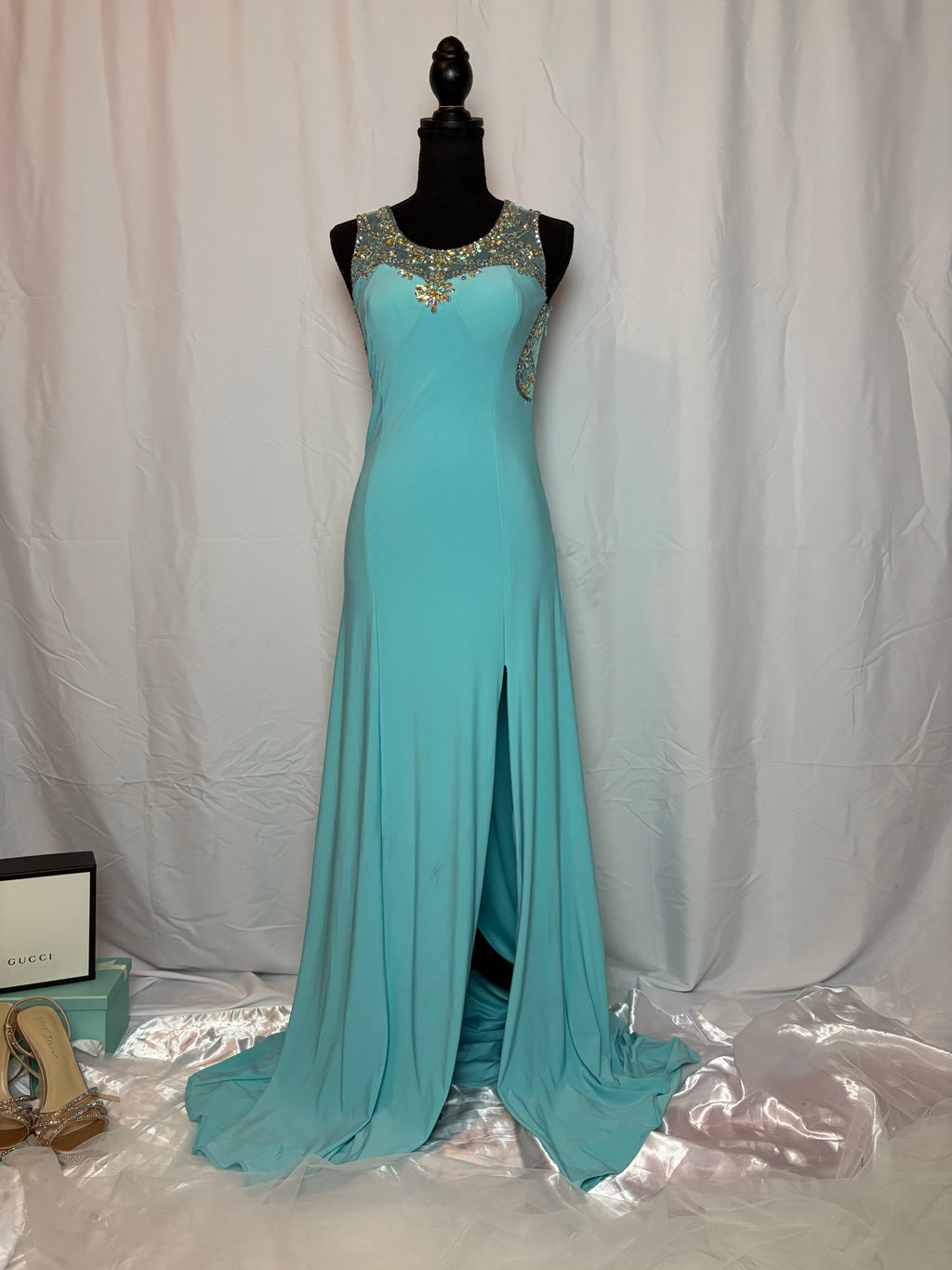 Teal Backless Dress w/ Gems - Size 3 by Crystal Gem