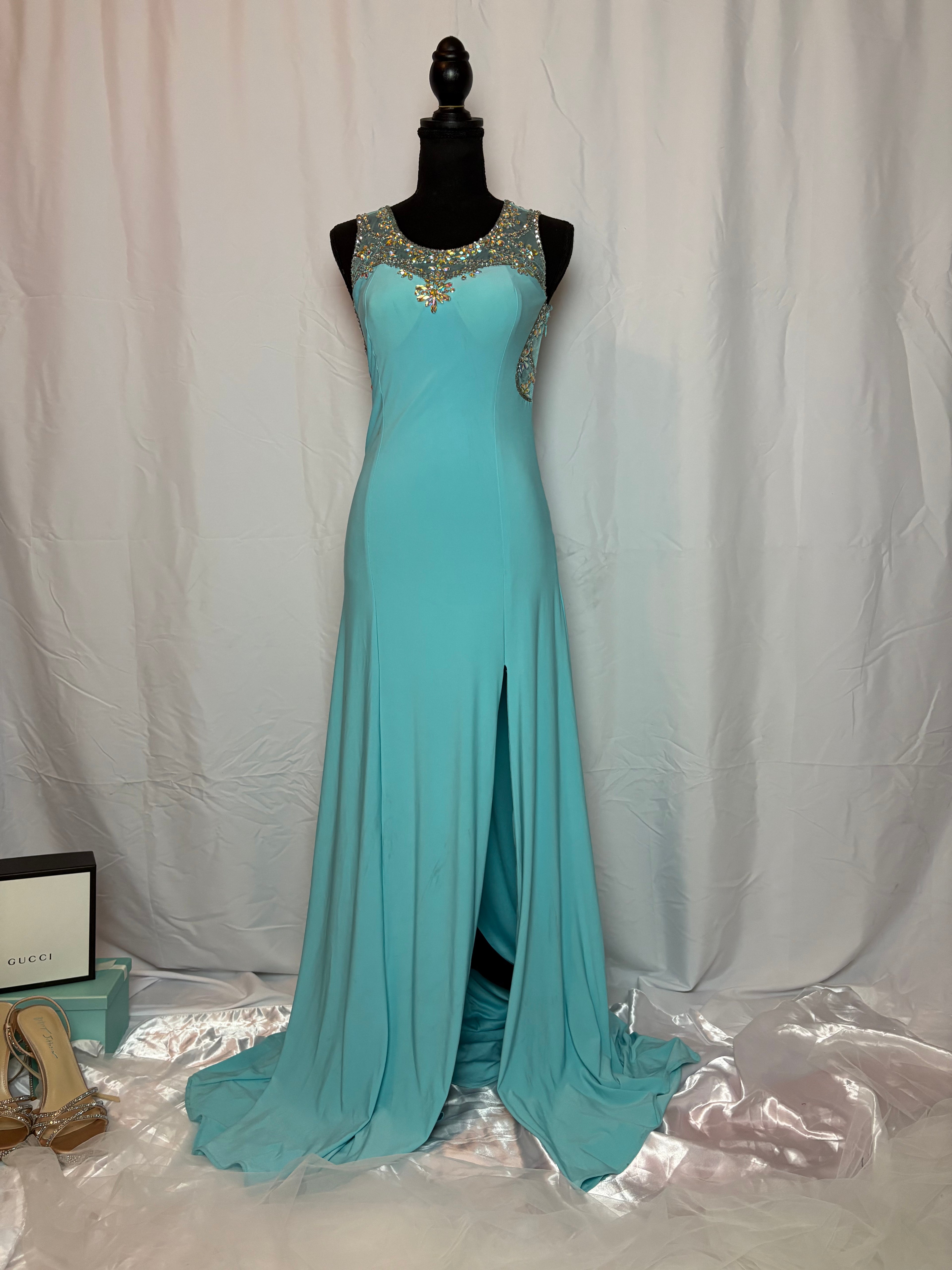 Teal Backless Dress w/ Gems - Size 3 by Crystal Gem