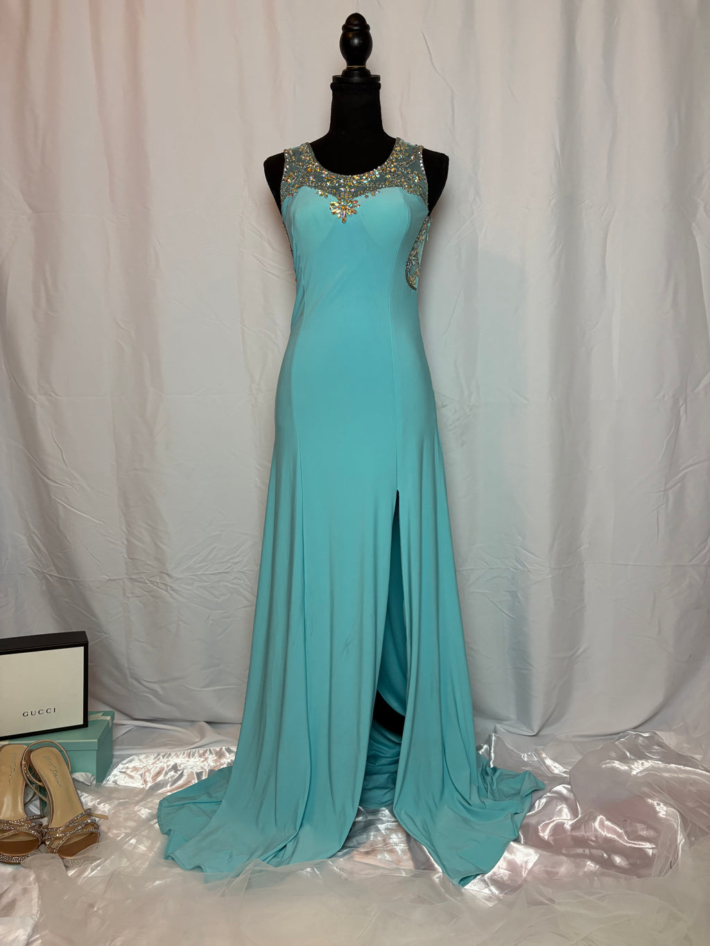 Teal Backless Dress w/ Gems - Size 3 by Crystal Gem