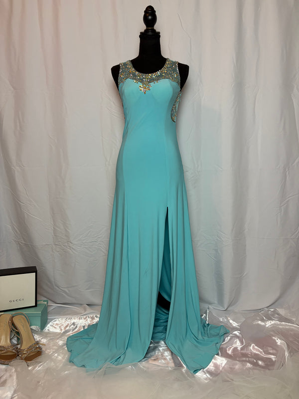 Teal Backless Dress w/ Gems - Size 3 by Crystal Gem