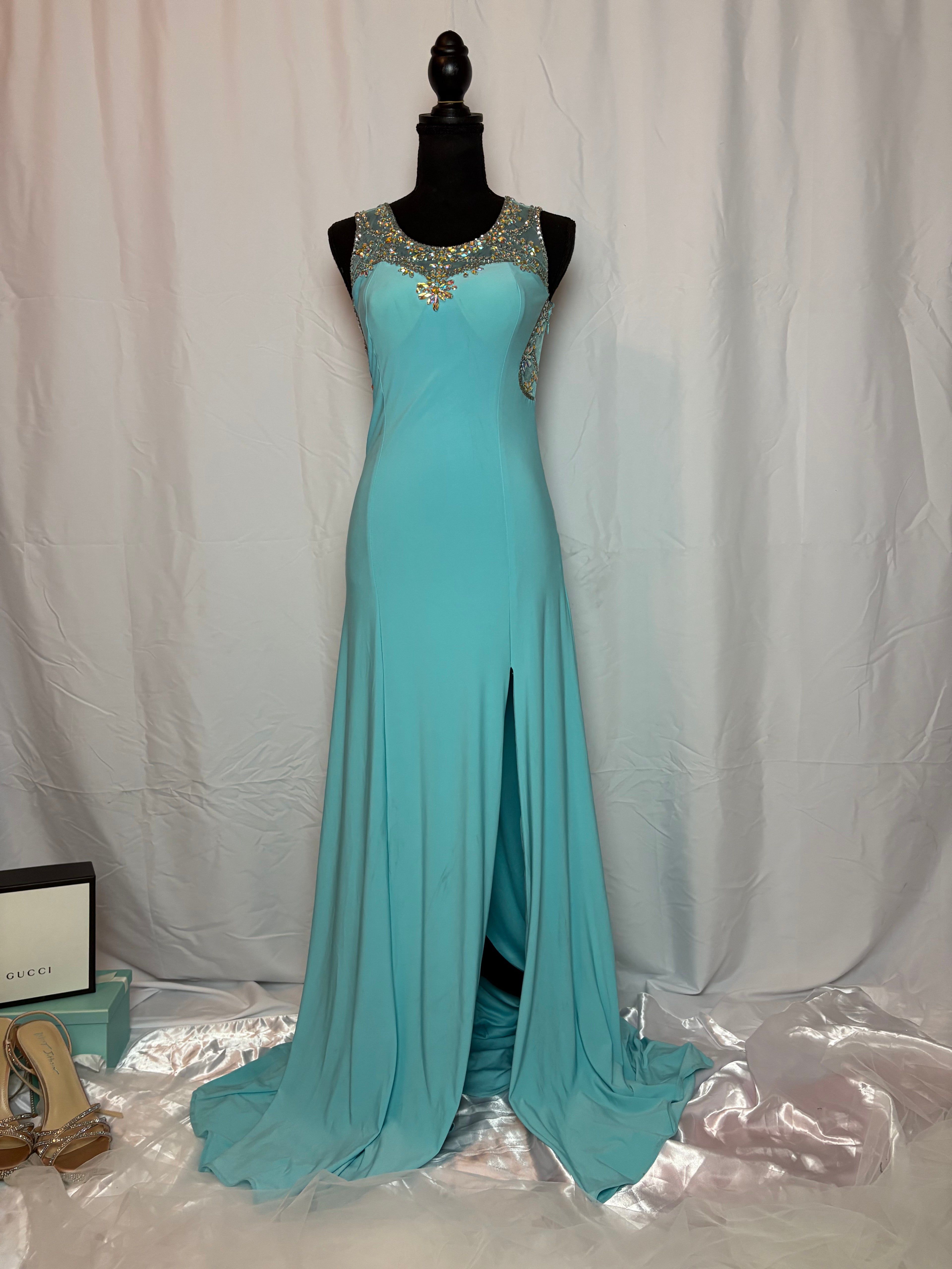 Teal Backless Dress w/ Gems - Size 3 by Crystal Gem