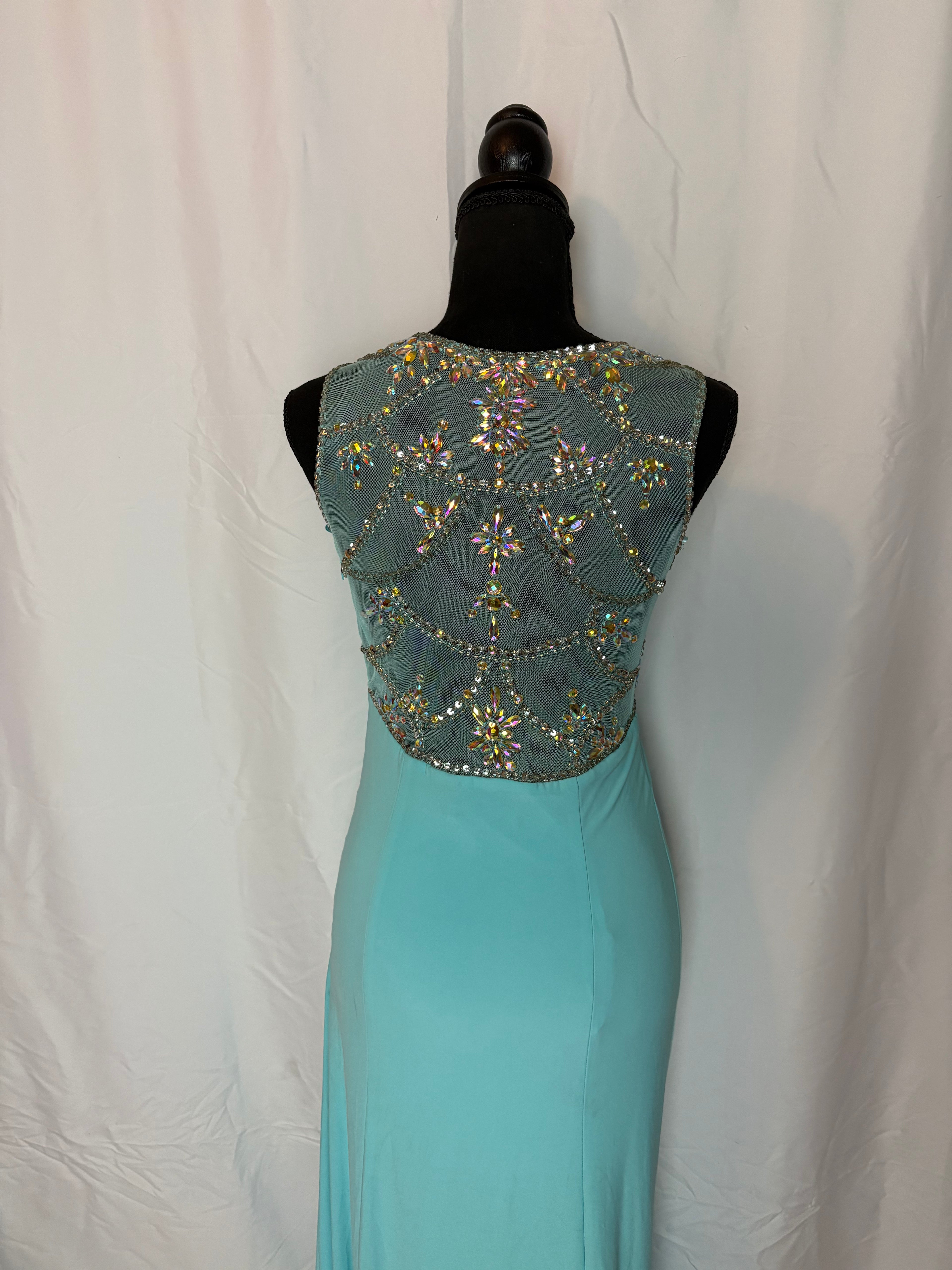 Teal Backless Dress w/ Gems - Size 3 by Crystal Gem